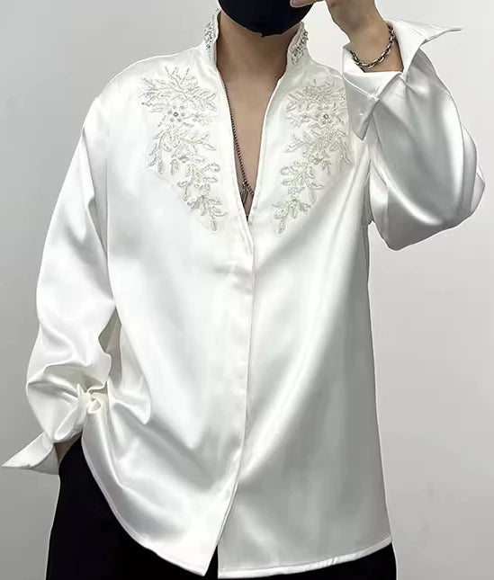Men's 2025 Spring New Trendy Personality Pearl Rhinestone Stand Collar Top Male Pearl Satin V-neck Shirts Men's Niche Chic Shirt