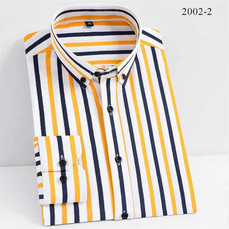 Men Spring Summer Comfortable Vertical Striped Strech Mens Dress Shirts Long Sleeve Soft Business Work Shirt  No Pocket Male