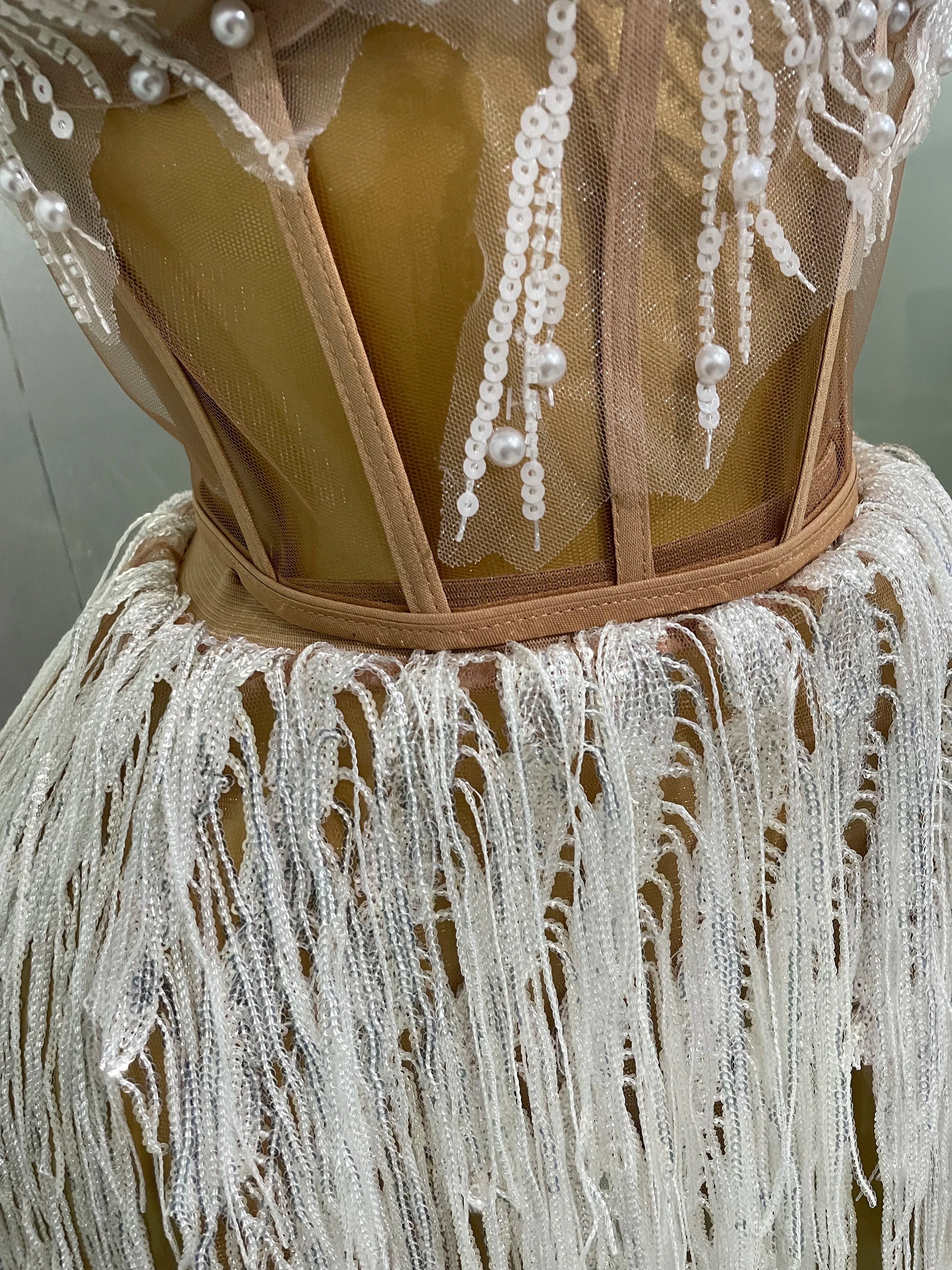 2025 Sexy Pearl Sequins Tassel Sleeveless Glitter Mini Dress Women Singer Bar Nightclub Stage Performance Clothing Show Outfit