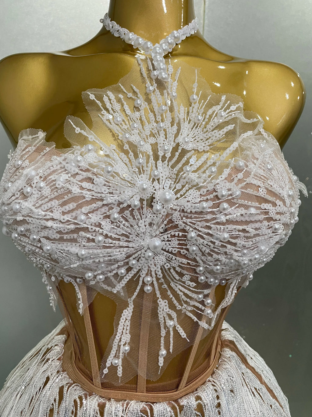 2025 Sexy Pearl Sequins Tassel Sleeveless Glitter Mini Dress Women Singer Bar Nightclub Stage Performance Clothing Show Outfit
