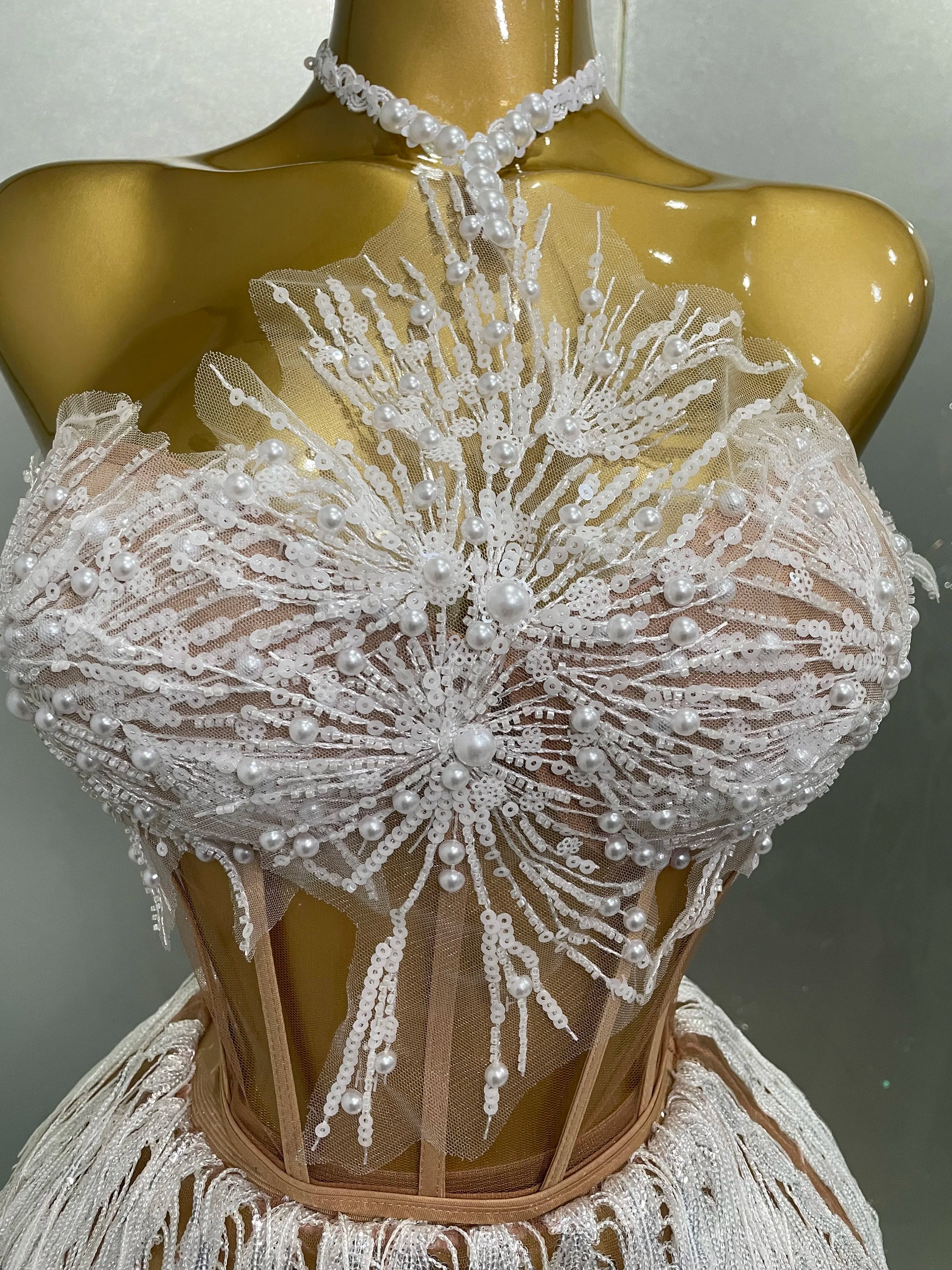 2025 Sexy Pearl Sequins Tassel Sleeveless Glitter Mini Dress Women Singer Bar Nightclub Stage Performance Clothing Show Outfit