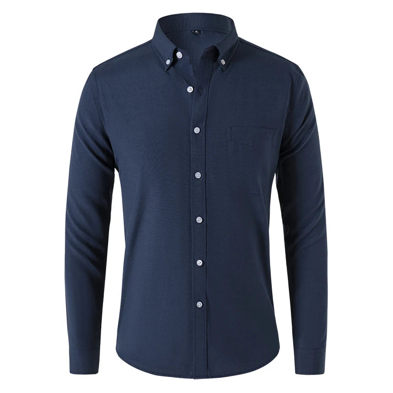 M-5XL Spring and Autumn Men's Shirt Oxford Cotton Fabric Shirt Long Sleeve Solid Color Polo Neck Shirt Business Casual Fit Top