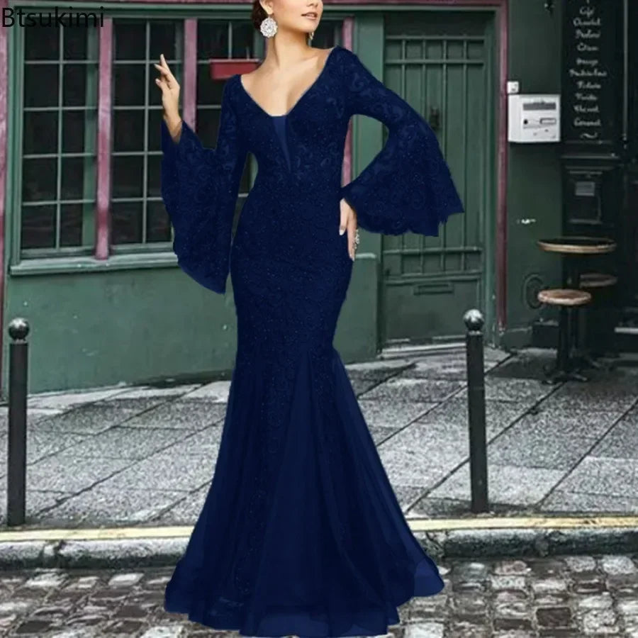 New 2025 Women's Sexy V Neck Long Flare Sleeve Wedding Party Dresses  Female Evening Elegant Night Club Prom Long Maxi Dresses