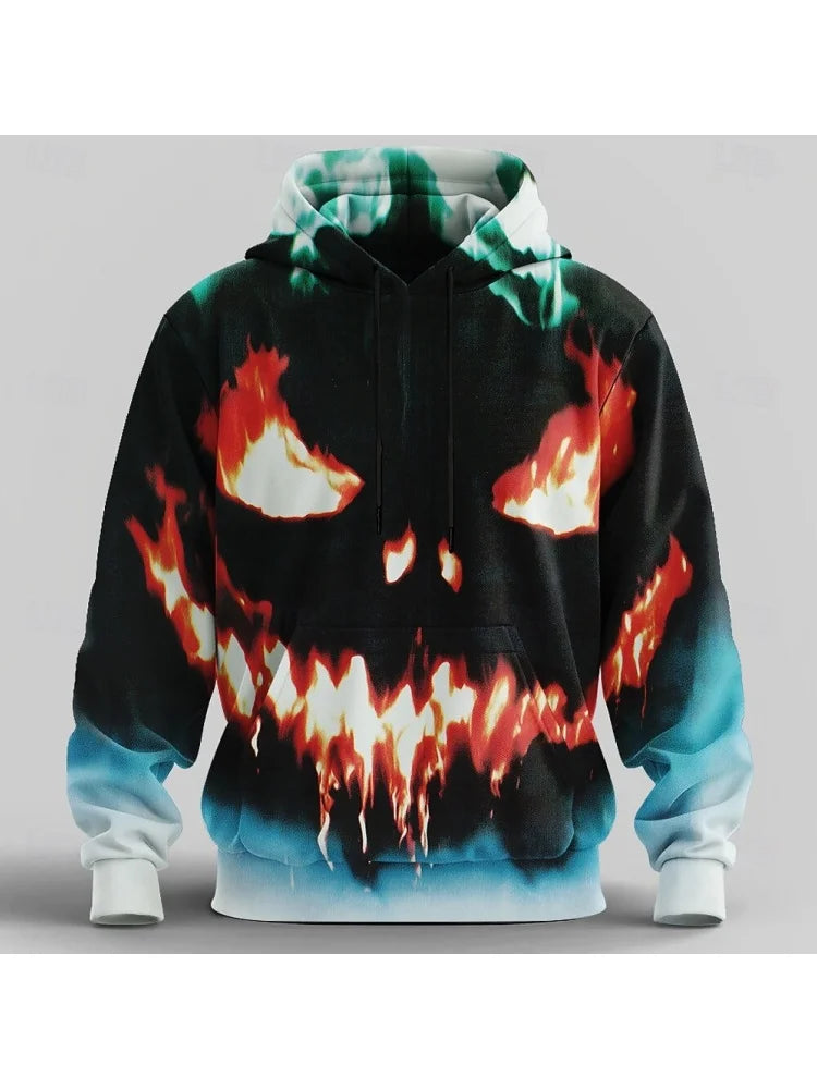 Halloween Men's horror face Hoodie Sweatshirt Punk Exaggerated Crew Neck Club Streetwear Yellow Orange Drawstring Men's clothing