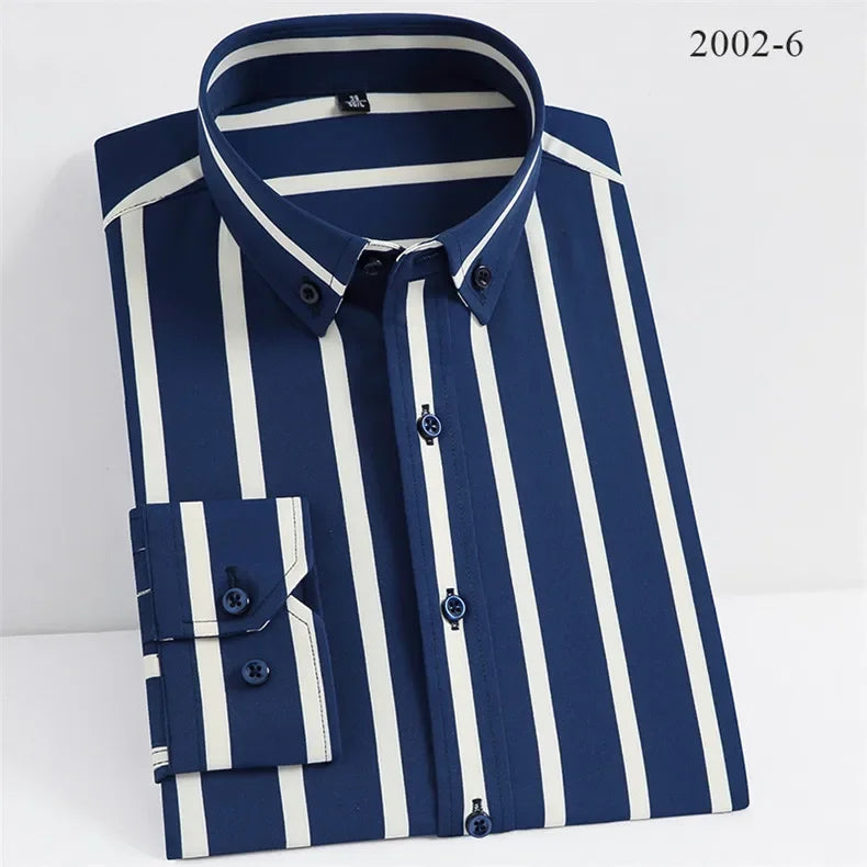 Men Spring Summer Comfortable Vertical Striped Strech Mens Dress Shirts Long Sleeve Soft Business Work Shirt  No Pocket Male