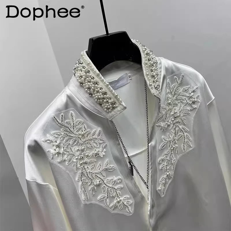 Men's 2025 Spring New Trendy Personality Pearl Rhinestone Stand Collar Top Male Pearl Satin V-neck Shirts Men's Niche Chic Shirt