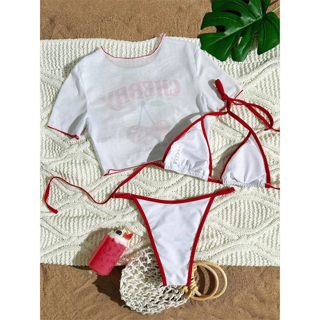 XS - L Cherry Printed Short Sleeve Bikini Female Swimsuit Women Swimwear Three-pieces Bikini set Bather Bathing Suit Swim V6854
