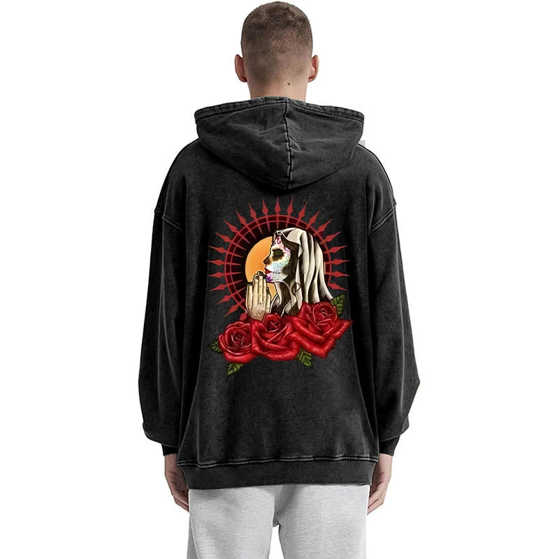 Halloween Tops 2025 Multicolored Horror Skull Rose Pattern Printed Washed Hoodie Men Plus Size Hooded Women Trendy Cotton Hoodie