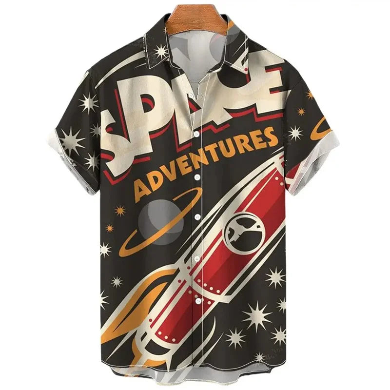 3D Printed Rocket Hawaiian Shirt For Men Cartoon Pattern Blouse Summer Casual Street Aloha Shirts Loose Short Sleeves Button Top