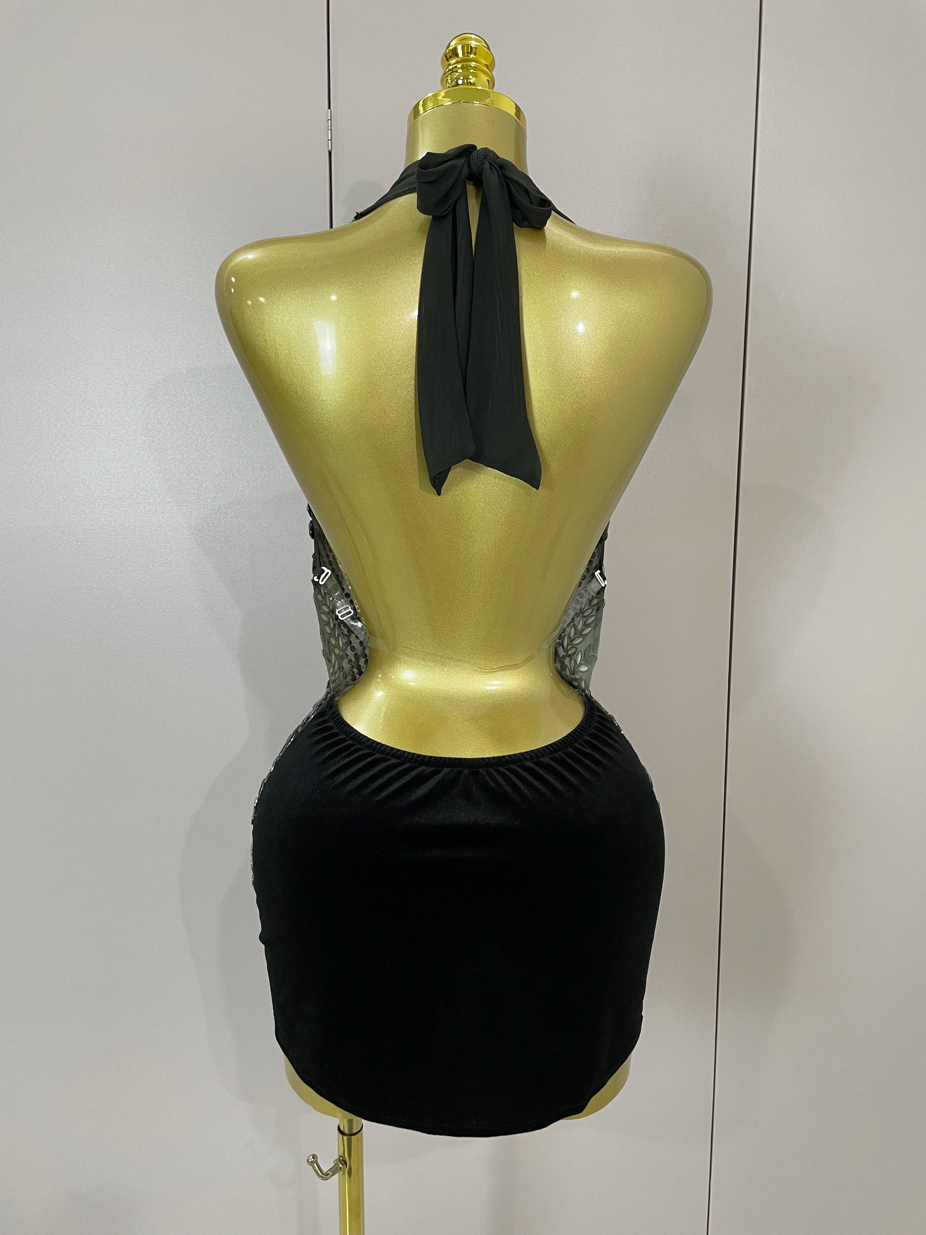 2025 New Sexy Sparkly Rhinestones Halter Backless Mesh Velour Short Dress Women Evening Prom Celebrate Birthday Party Stage Wear