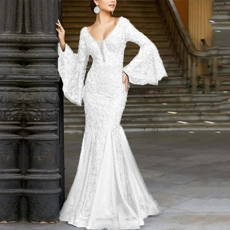 New 2025 Women's Sexy V Neck Long Flare Sleeve Wedding Party Dresses  Female Evening Elegant Night Club Prom Long Maxi Dresses