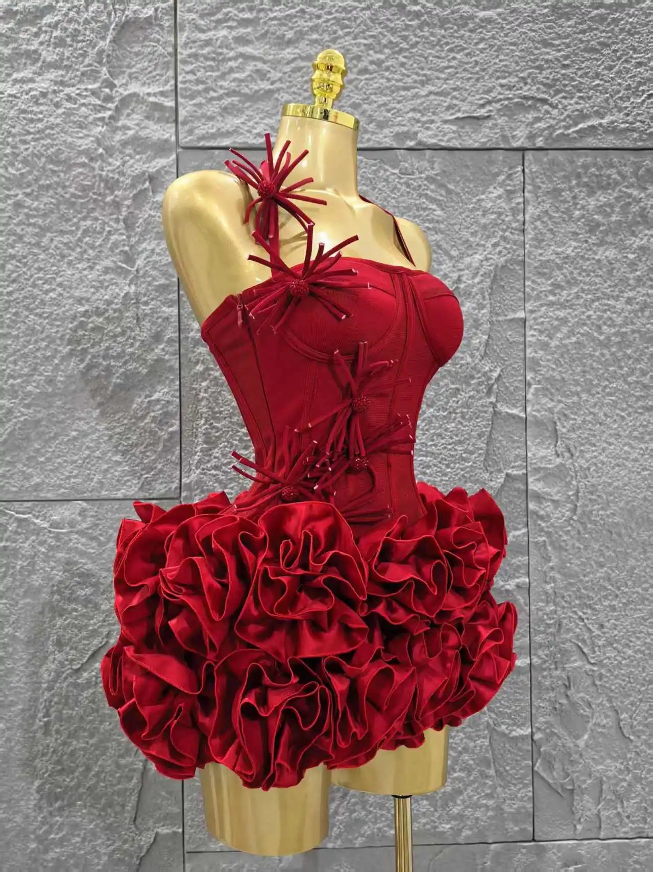 Red Color Women Sexy Halter Full Florals 2 Pieces Bodycon Mini Bandage Dress Celebrate Nightclub Party Birthday Dress