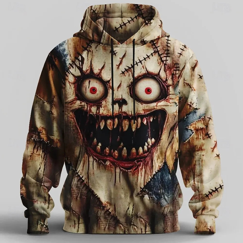 Halloween Men's horror face Hoodie Sweatshirt Punk Exaggerated Crew Neck Club Streetwear Yellow Orange Drawstring Fall Winter