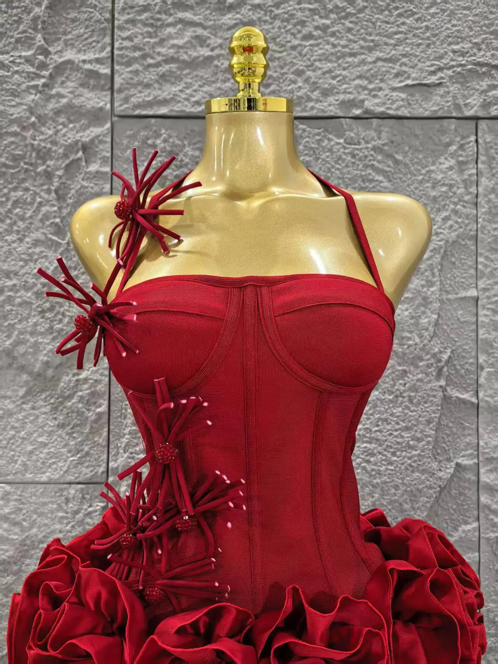 Red Color Women Sexy Halter Full Florals 2 Pieces Bodycon Mini Bandage Dress Celebrate Nightclub Party Birthday Dress