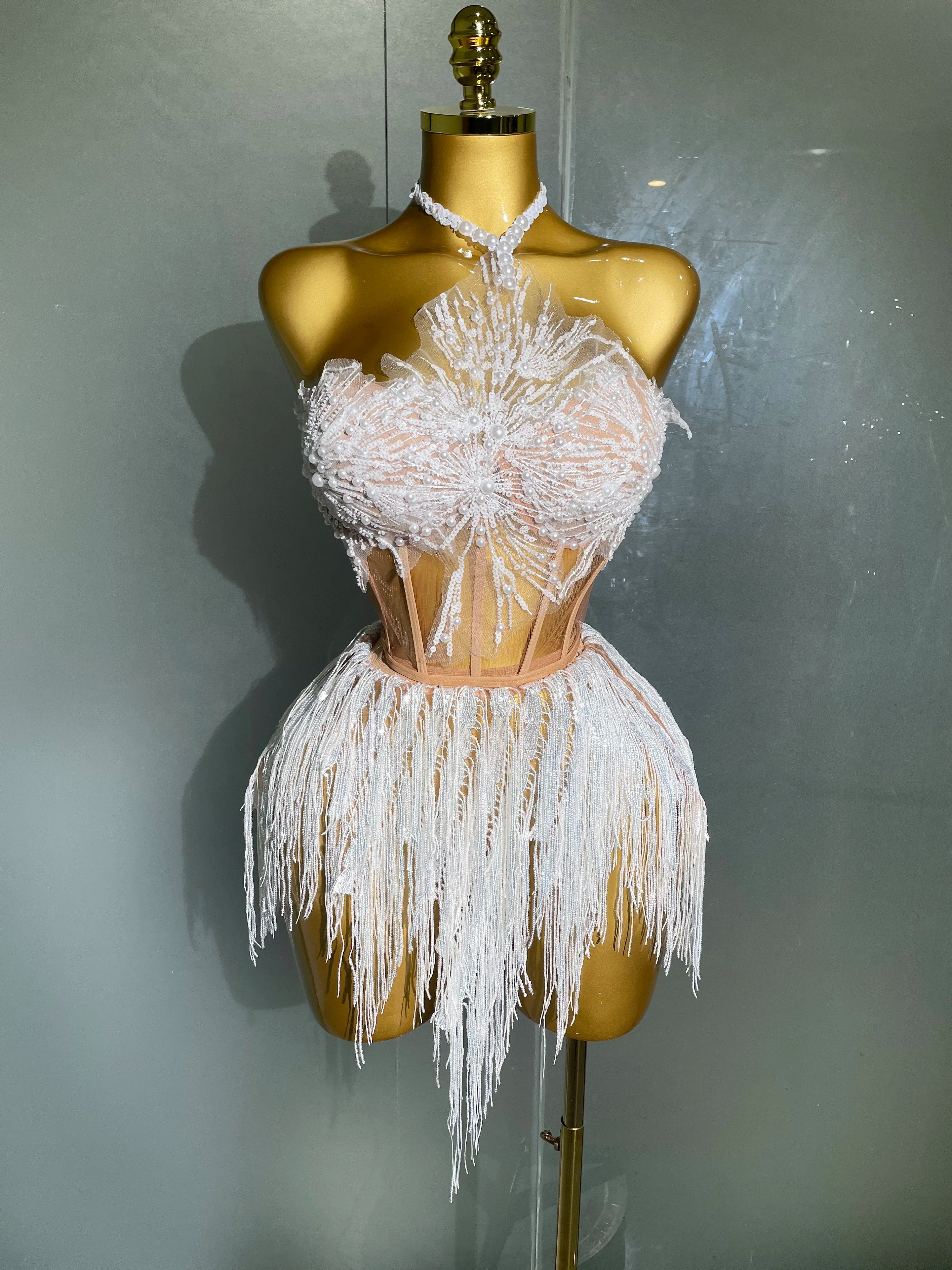 2025 Sexy Pearl Sequins Tassel Sleeveless Glitter Mini Dress Women Singer Bar Nightclub Stage Performance Clothing Show Outfit