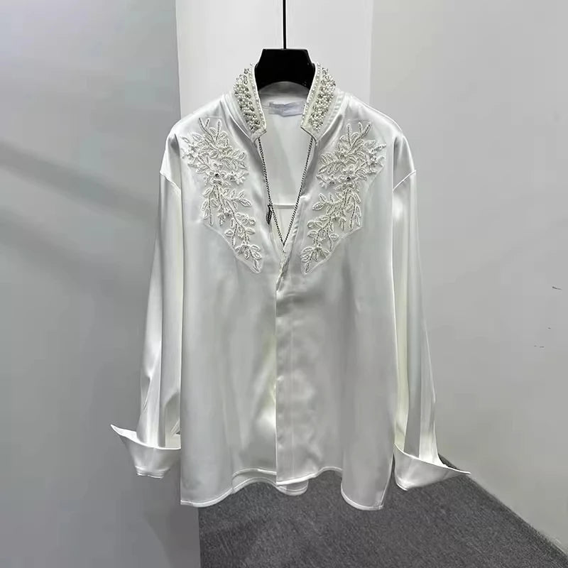 Men's 2025 Spring New Trendy Personality Pearl Rhinestone Stand Collar Top Male Pearl Satin V-neck Shirts Men's Niche Chic Shirt