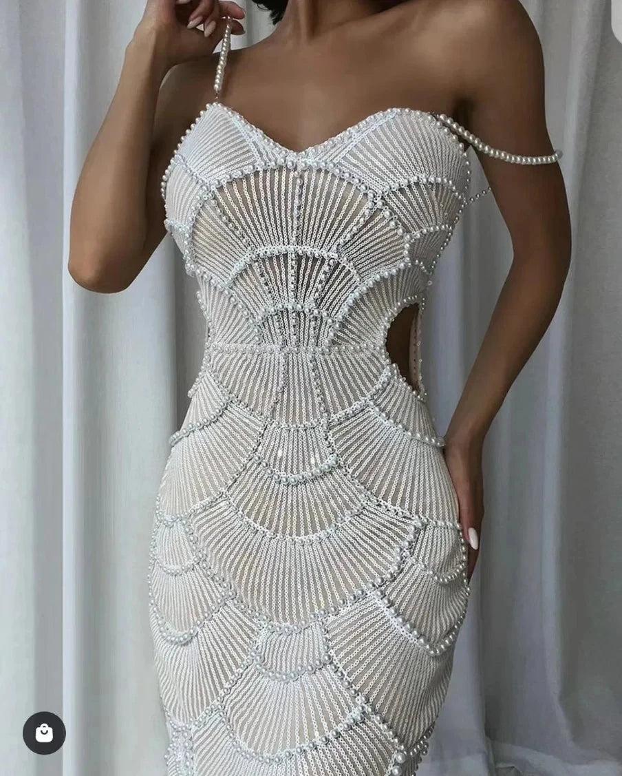 Women Hot Sale Sleeveless Sexy Strap Pearl Beading Sequins Bodycon Long Dress Celebrate Evening Party Birthday Outfit Vestido