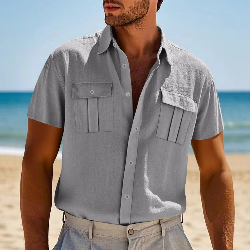 Men's Cotton Linen Short-Sleeved Shirt Summer Solid Color Stand-Up Collar Casual Beach Style plus Size S-5XL