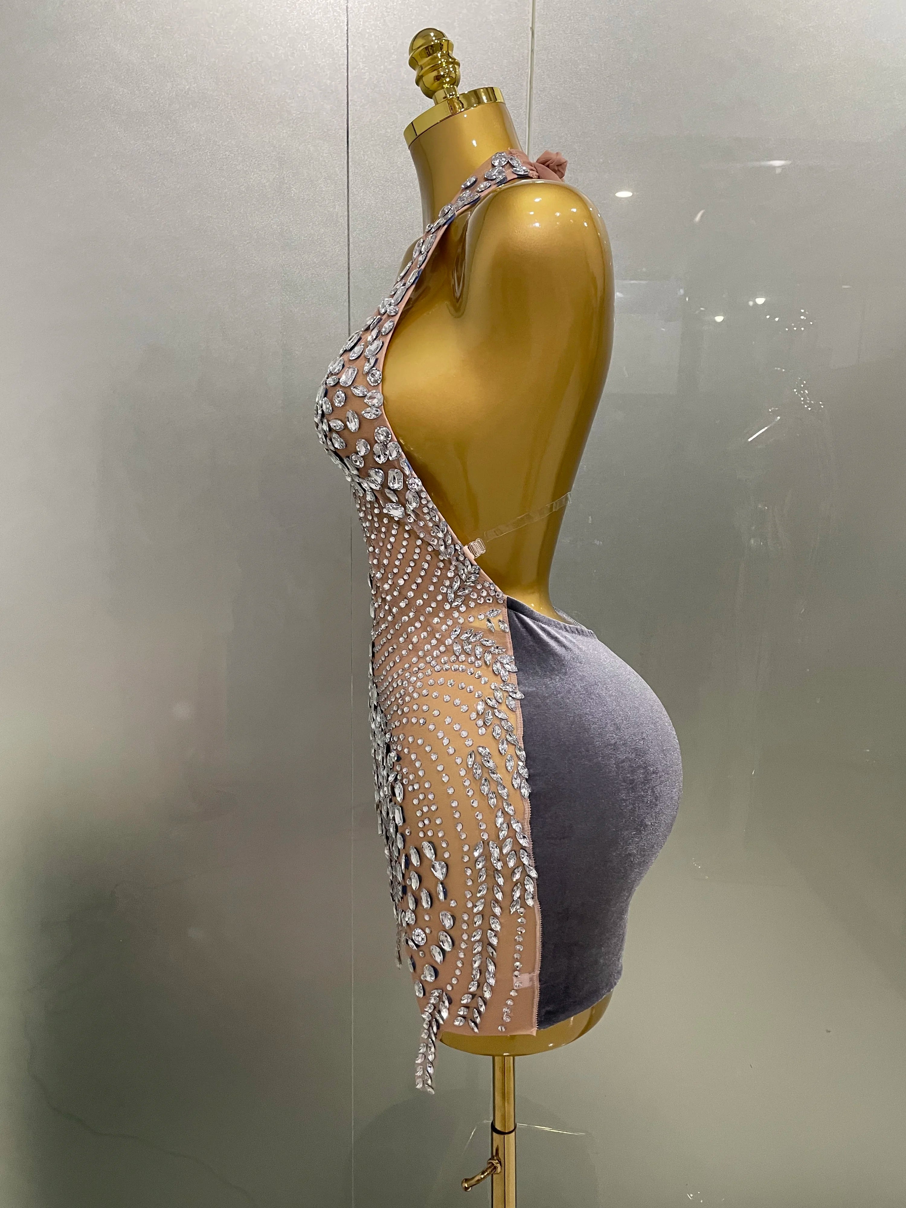 2025 New Sexy Sparkly Rhinestones Halter Backless Mesh Velour Short Dress Women Evening Prom Celebrate Birthday Party Stage Wear