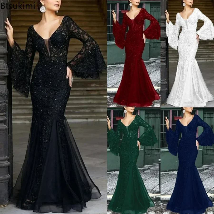 New 2025 Women's Sexy V Neck Long Flare Sleeve Wedding Party Dresses  Female Evening Elegant Night Club Prom Long Maxi Dresses
