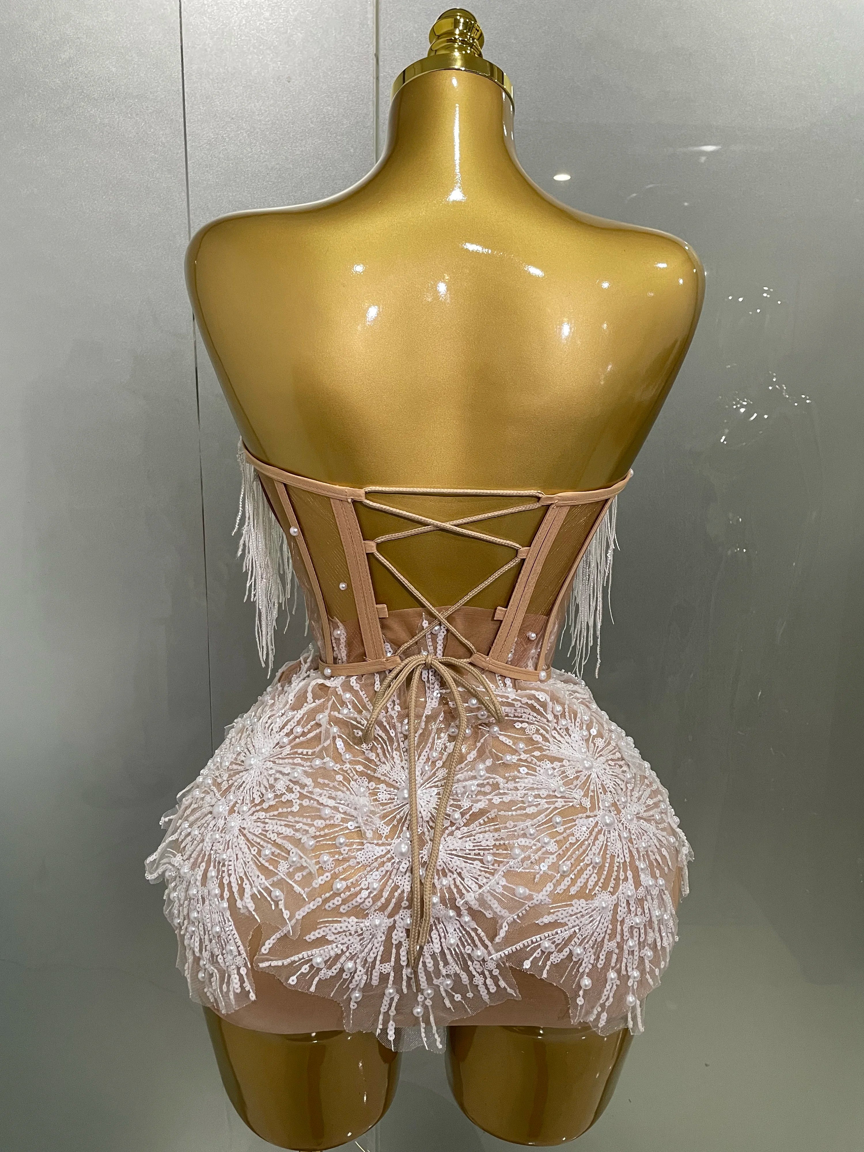 2025 Sexy Pearl Sequins Tassel Sleeveless Glitter Mini Dress Women Singer Bar Nightclub Stage Performance Clothing Show Outfit