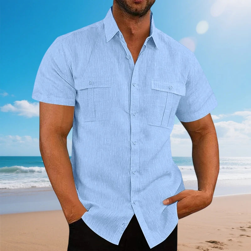 Men's Cotton Linen Short-Sleeved Shirt Summer Solid Color Stand-Up Collar Casual Beach Style plus Size S-5XL