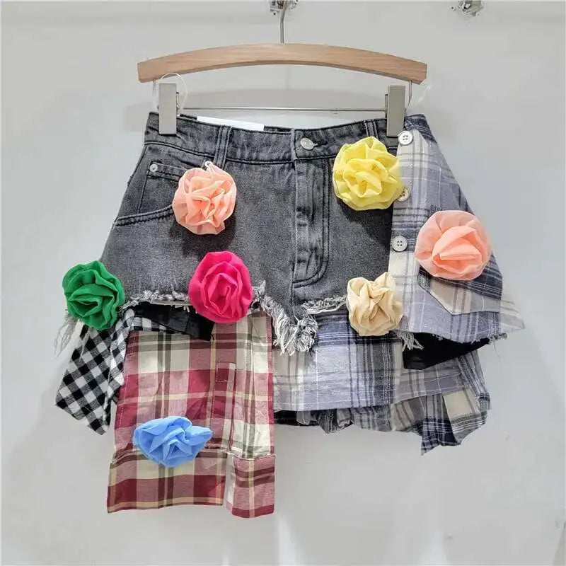 DEAT Women's Denim Skirt Colored Plaid Patchwork Irregular Deconstructed A-line High Waist Mini Skirt 2025 Summer New Fashion