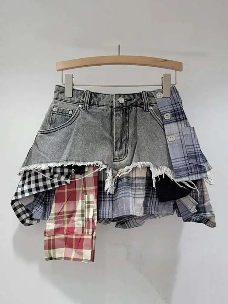 DEAT Women's Denim Skirt Colored Plaid Patchwork Irregular Deconstructed A-line High Waist Mini Skirt 2025 Summer New Fashion