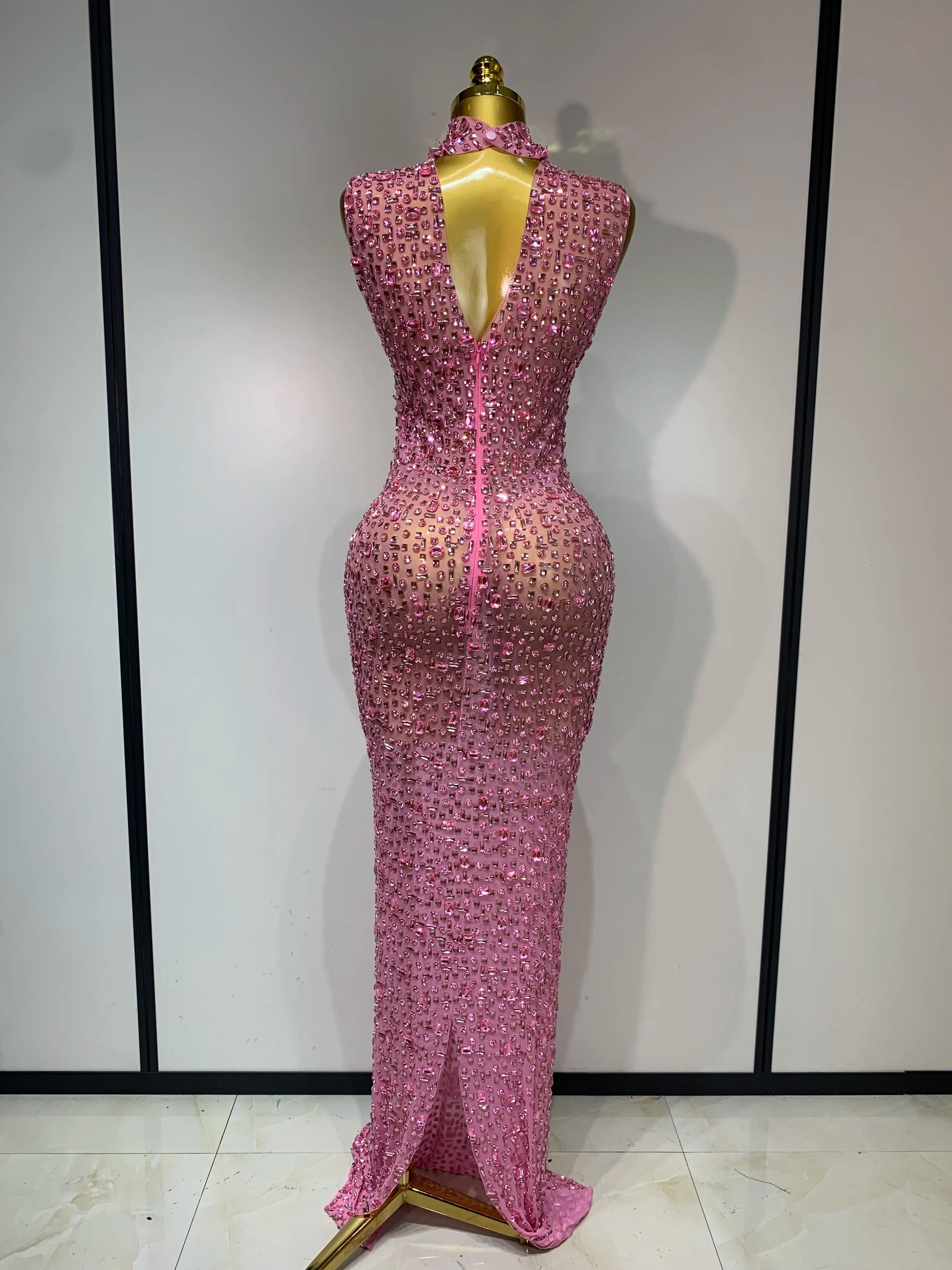 Sparkly Rhinestone Sleeveless Stretch Long Dress Women Sexy Mesh Celebrate Evening Prom Luxury Birthday Dress Evening Party Wear