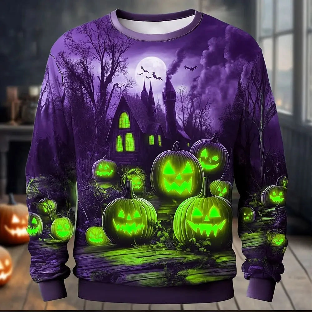 Halloween Theme Pumpkin Cemetery Men's Casual Hoodies Sweatshirts Fall Winter Crew Neck Pullover Long Sleeve Trendy Streetwear