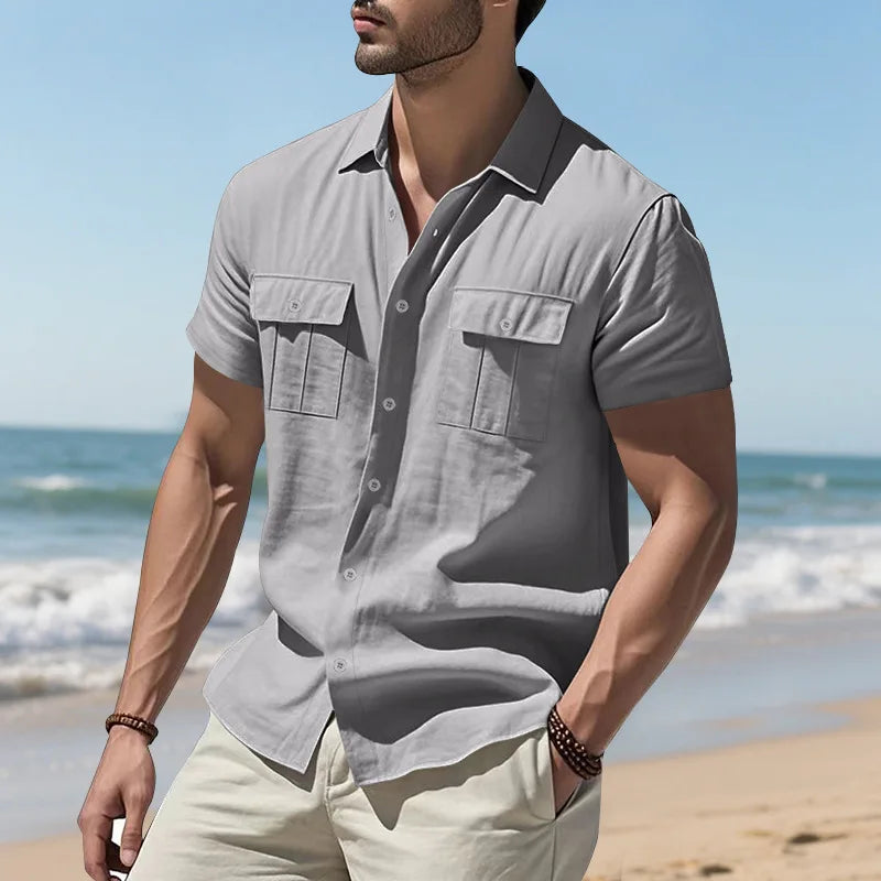 Men's Cotton Linen Short-Sleeved Shirt Summer Solid Color Stand-Up Collar Casual Beach Style plus Size S-5XL
