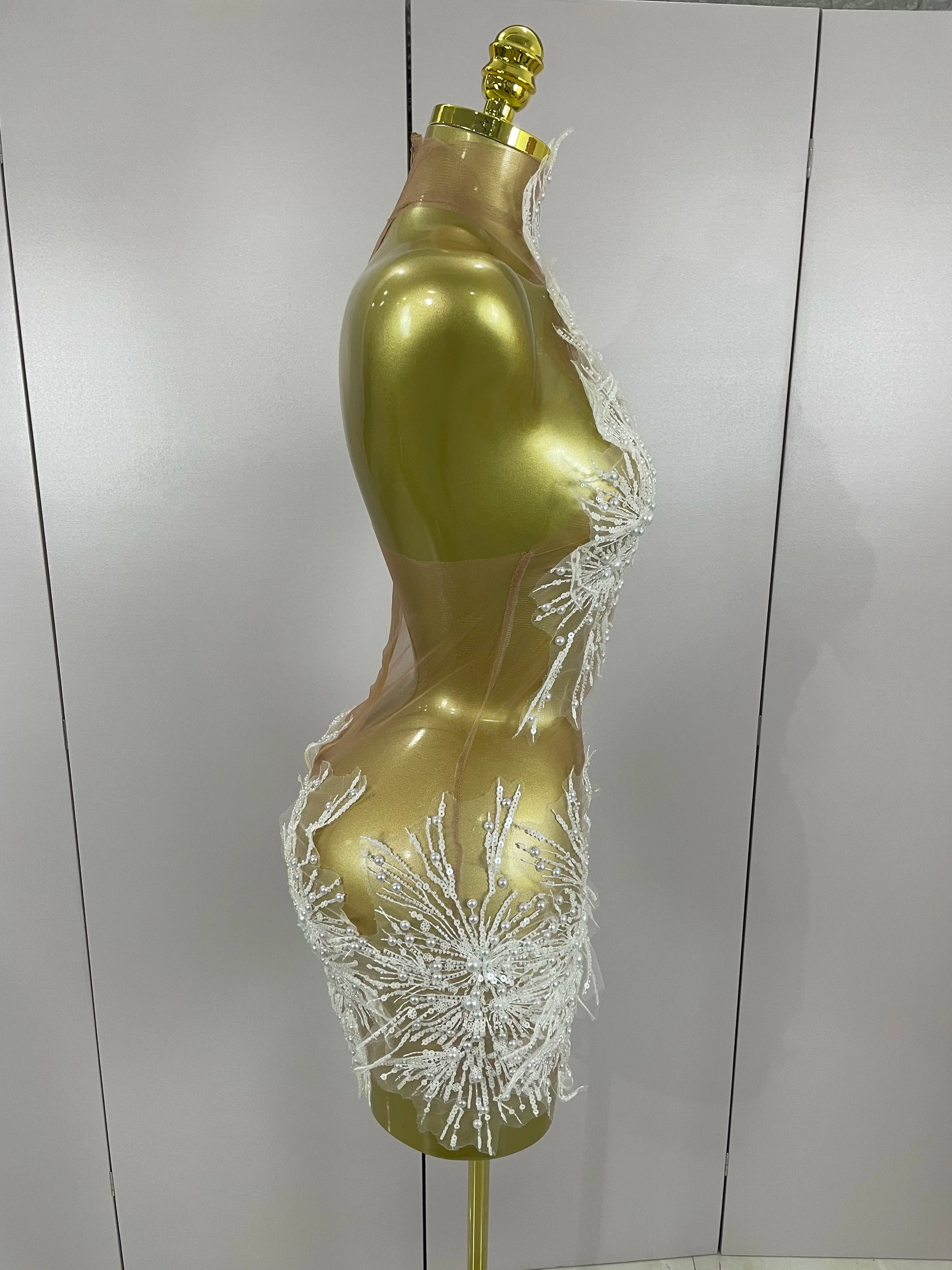 2025 Sexy Pearl Sequins Tassel Sleeveless Glitter Mini Dress Women Singer Bar Nightclub Stage Performance Clothing Show Outfit