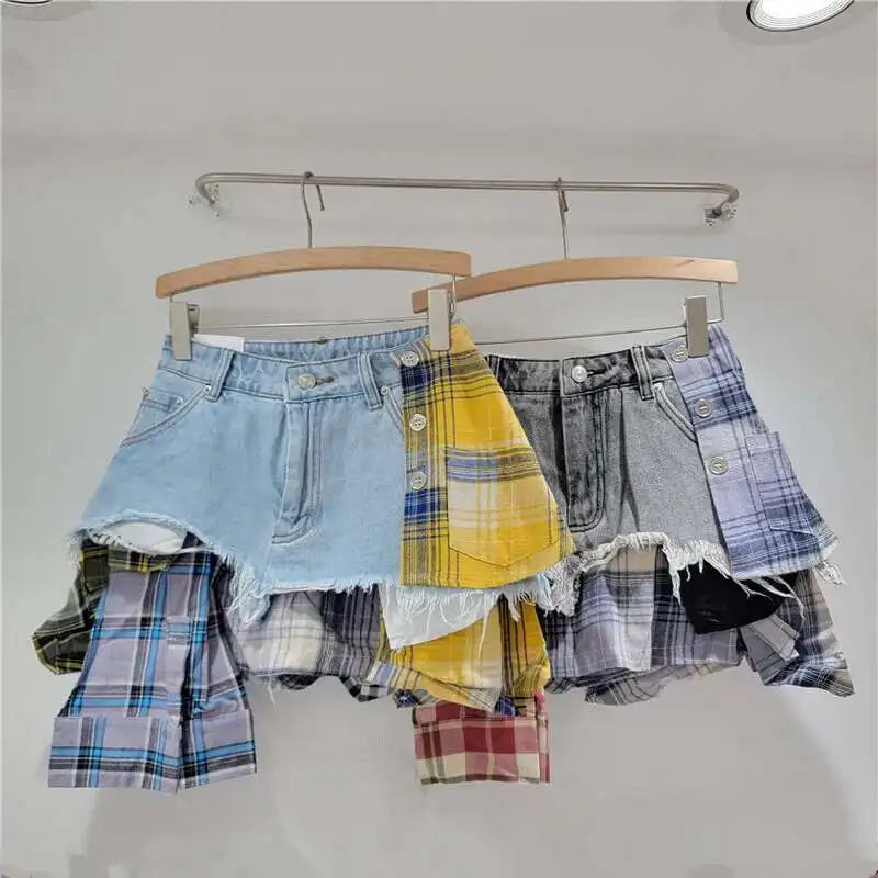 DEAT Women's Denim Skirt Colored Plaid Patchwork Irregular Deconstructed A-line High Waist Mini Skirt 2025 Summer New Fashion