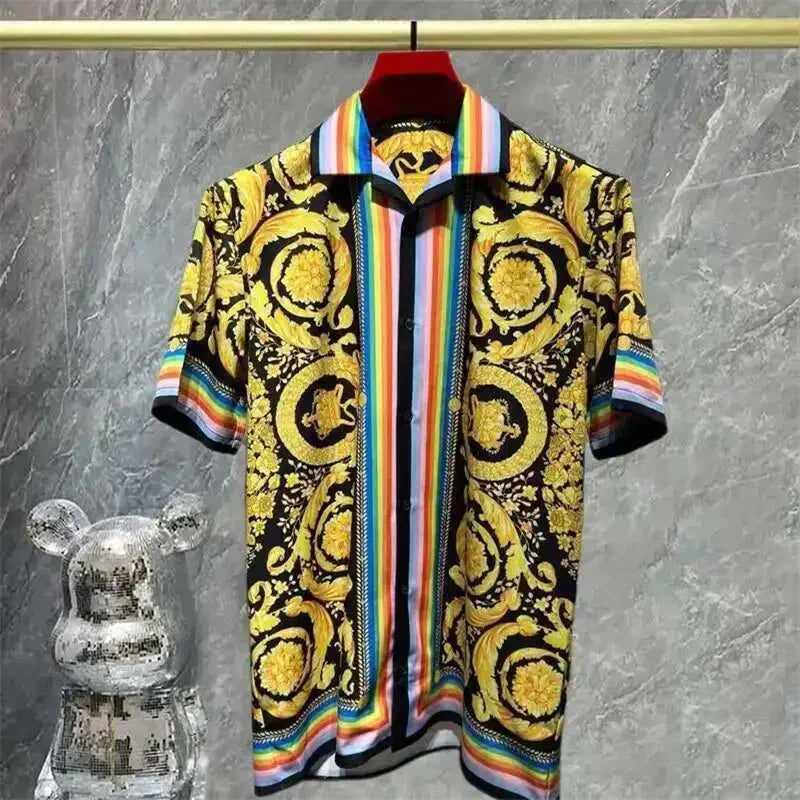 2025 men's high-quality short sleeved shirt with luxurious golden Baroque string print, Cuban collar shirt, suitable for street