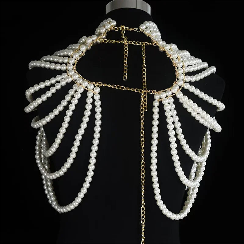 Sexy Women's Pearl Body Chains Bra Shawl Fashion Adjustable Size Shoulder Necklaces Tops Chain Wedding Dress Pearls Body Jewelry