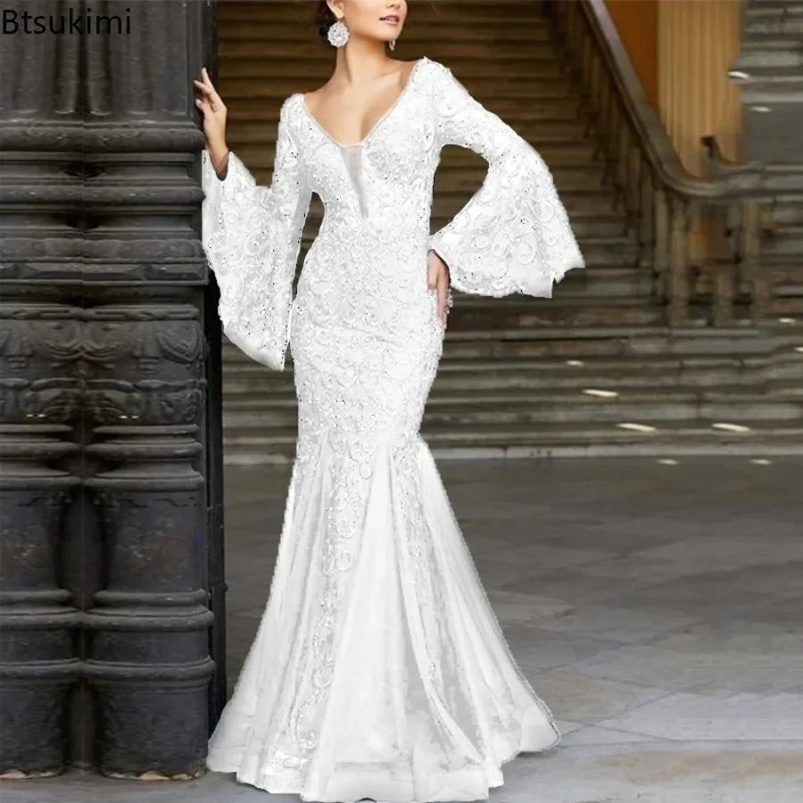 New 2025 Women's Sexy V Neck Long Flare Sleeve Wedding Party Dresses  Female Evening Elegant Night Club Prom Long Maxi Dresses